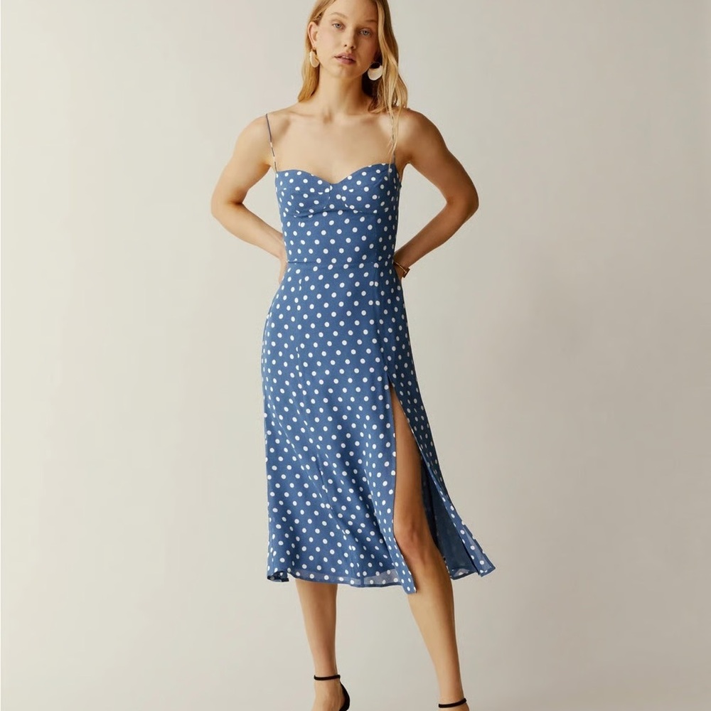 Reformation Juliette blue and white polka dot midi dress